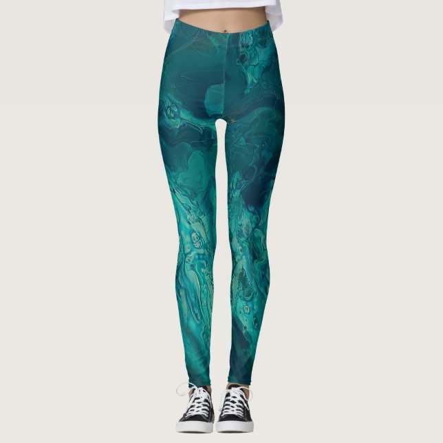 Leggings Resumen de flujo acrílico verde azulado de arte fl (Anverso)