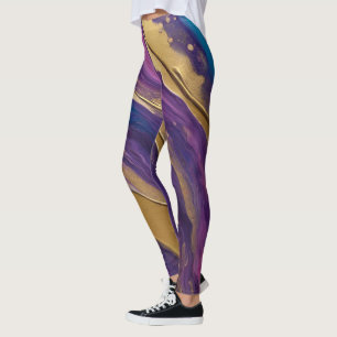 Leggings Resumen de flujo Art-Azul morado rosado y dorado-