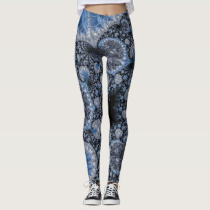 Leggings Resumen de fractal intrincado azul y negro