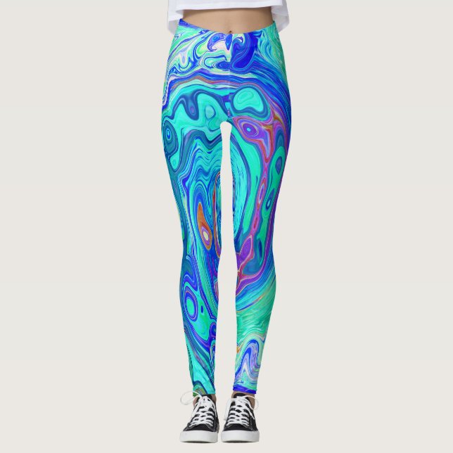 Leggings Resumen de Groovy Ocean Blue y Green Liquid Swirl (Anverso)