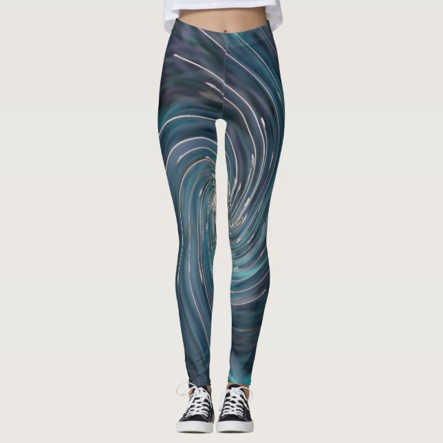 Leggings Resumen de Guay Retro Negro y Verde azulado Swirl  (Anverso)