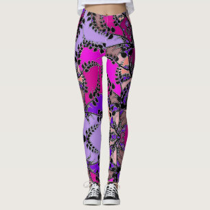 Leggings Resumen de hojas negras de lavanda rosa fucsia