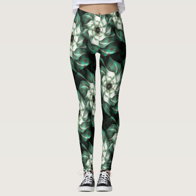 Leggings Resumen de la flor fractal blanca y verde oscuro (Anverso)