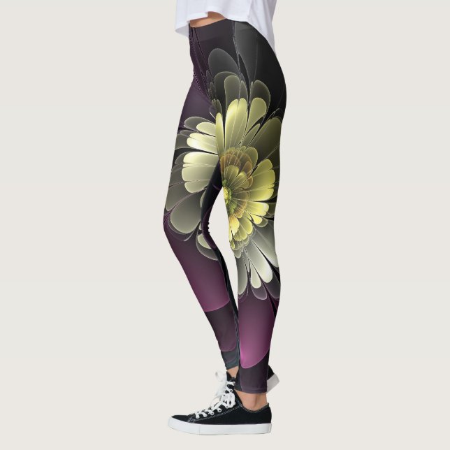 Leggings Resumen de la flor fractal gris purpur moderna (Izquierda)