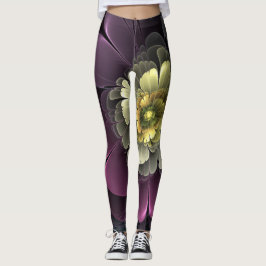 Leggings Resumen de la flor fractal gris purpur moderna