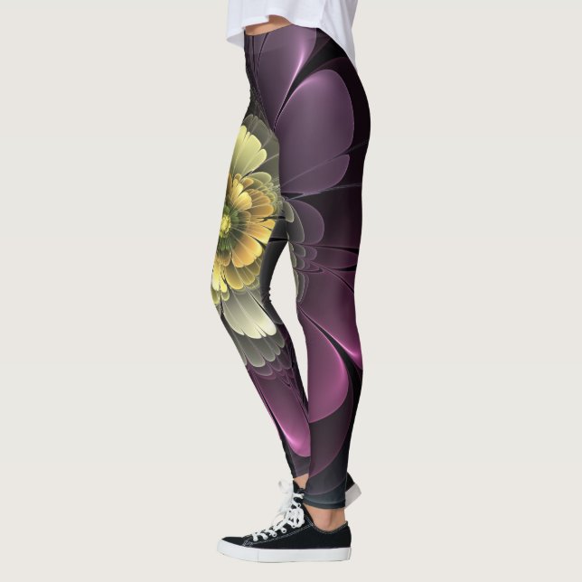 Leggings Resumen de la flor fractal gris purpur moderna (Izquierda)