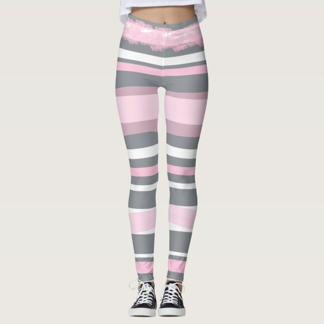 Leggings Resumen de las líneas blancas grisáceas rosadas de (Anverso)