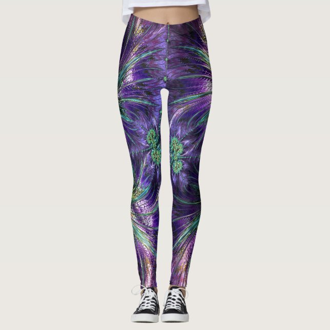 Leggings Resumen de las plumas de Amethyst Purple y Aqua (Anverso)