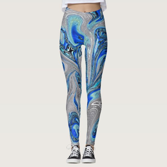 Leggings Resumen de marmol azul y plateado de pavo real (Anverso)