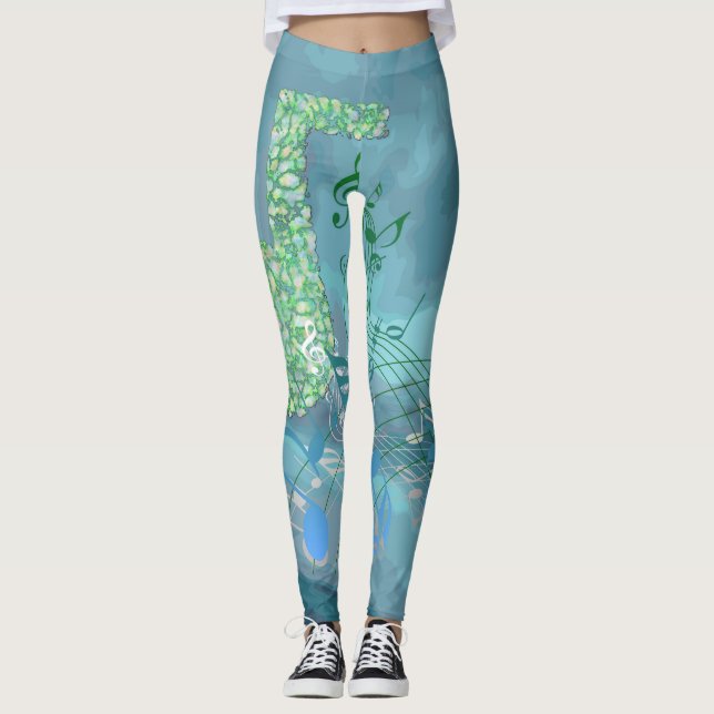 Leggings Resumen de notas sobre la música azul y verde (Anverso)
