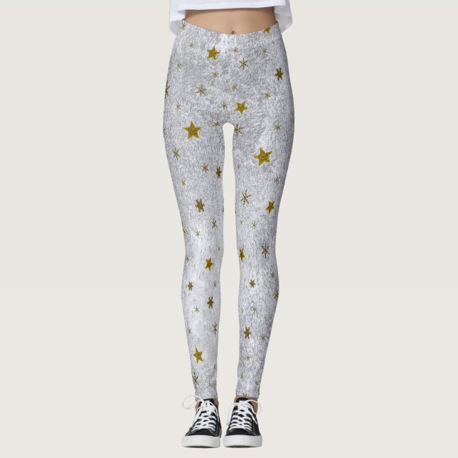 Leggings Resumen de papel plateado con estrellas brillantes (Anverso)