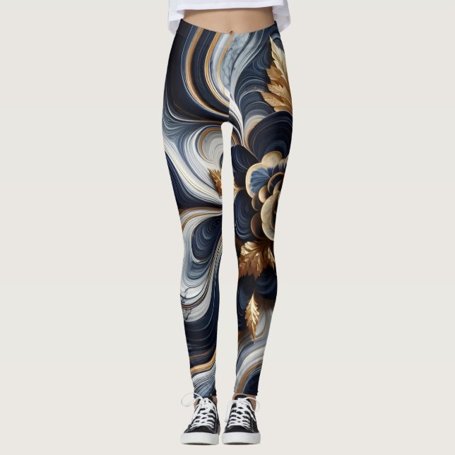Leggings Resumen de pintura de mármol azul y oro de la Mari (Anverso)