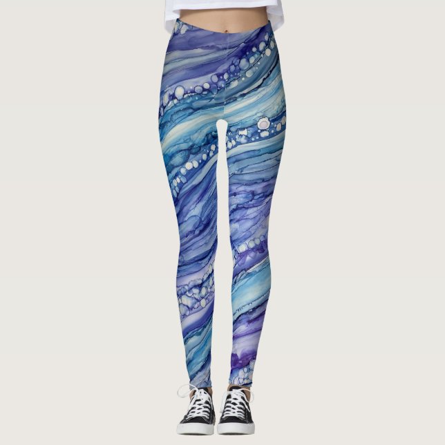 Leggings Resumen de tinta de alcohol arte líquido azul mora (Anverso)