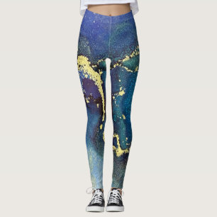 Leggings Resumen de tinta de alcohol azul de oro Aqua morad