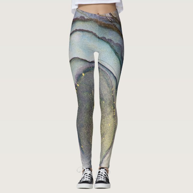 Leggings Resumen de tinta de alcohol oro gris morado Verde  (Anverso)