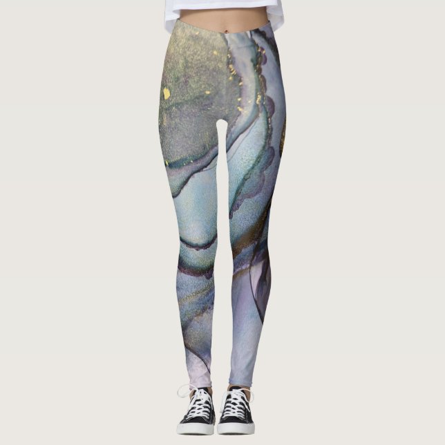 Leggings Resumen de tinta de alcohol Shimmery oro Verde azu (Anverso)