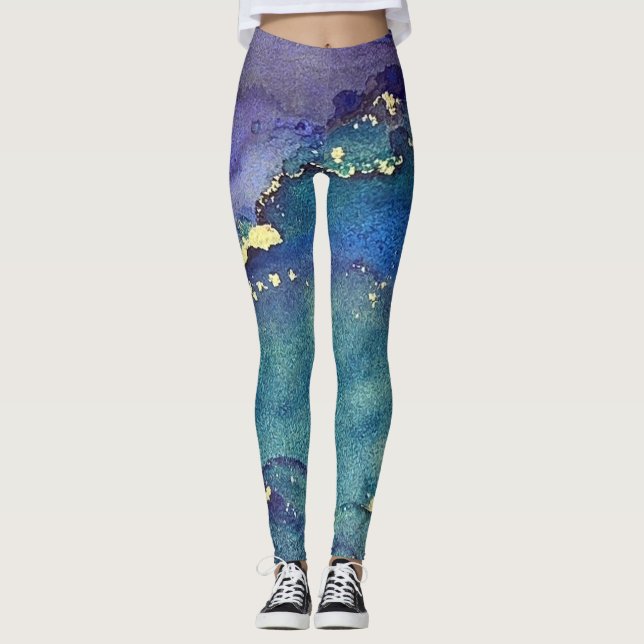 Leggings Resumen de tinta de alcohol verde morado azul y or (Anverso)