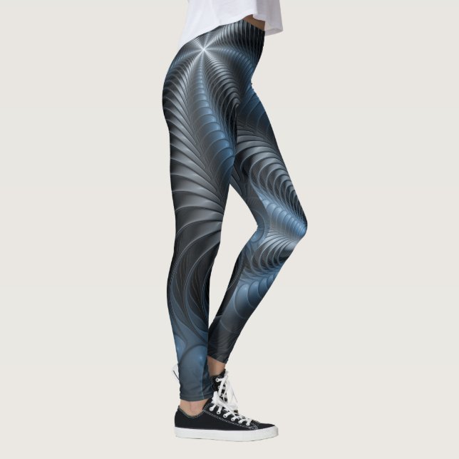 Leggings Resumen del arte fractal 3D del gris azul plástico (Derecha)