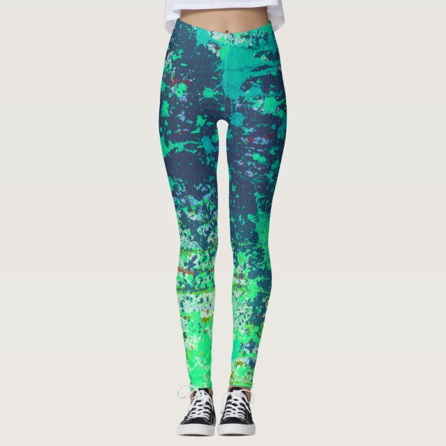 Leggings Resumen del cielo venenoso, pintura verde azul (Anverso)