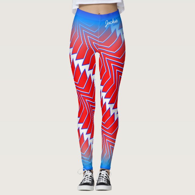 Leggings Resumen del patrón azul blanco rojo con su nombre (Anverso)
