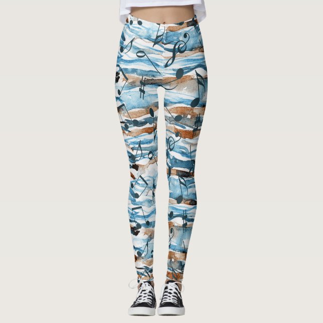 Leggings Resumen del patrón de notas musicales de acuarela. (Anverso)