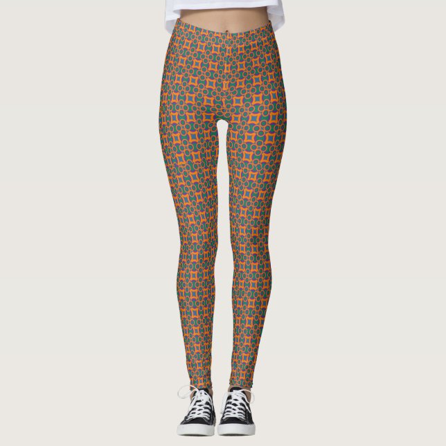 Leggings Resumen del patrón Naranja con cuadrados y círculo (Anverso)