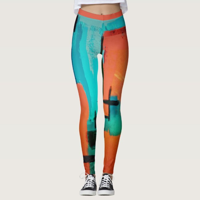 Leggings Resumen Dinámico moderno Naranja Verde Azul Negro (Anverso)