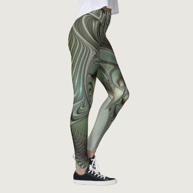 Leggings Resumen Fantasía de Arte Fractal Gris Verde Olive (Derecha)