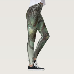 Leggings Resumen Fantasía de Arte Fractal Gris Verde Olive