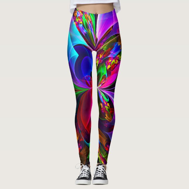 Leggings Resumen floral moderno Patrón azul rojo del arte # (Anverso)