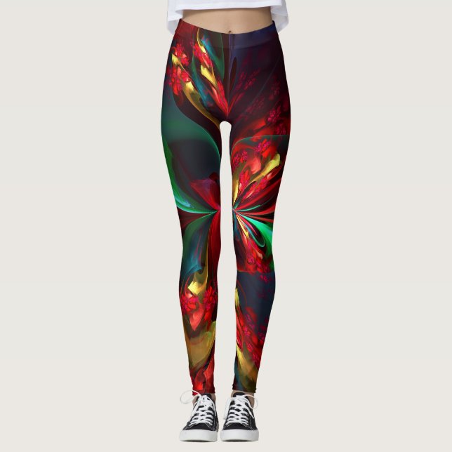Leggings Resumen floral moderno Patrón verde rojo del arte  (Anverso)