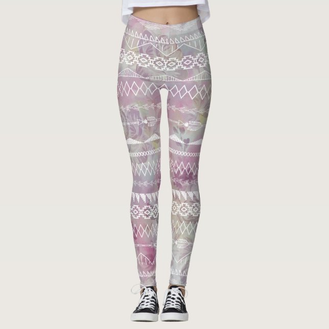Leggings Resumen floral Patrón azteca tribal púrpura rosado (Anverso)