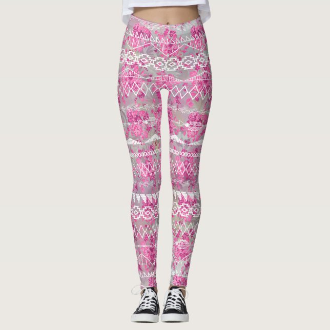 Leggings Resumen floral Patrón azteca tribal púrpura rosado (Anverso)