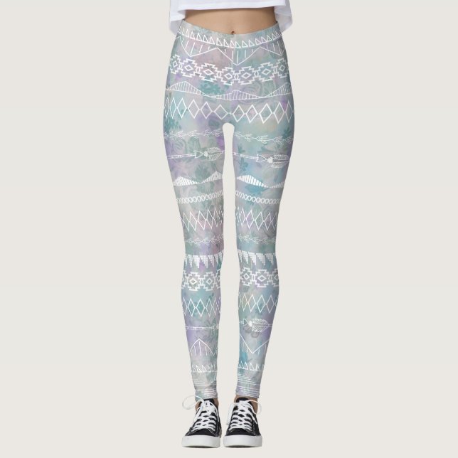 Leggings Resumen floral Patrón azul púrpura tribal azteca (Anverso)
