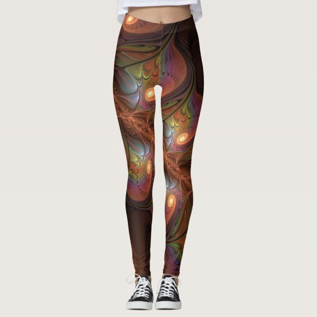 Leggings Resumen fluorescente colorido Trippy Brown Fractal (Anverso)