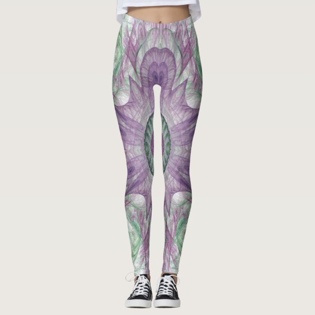 Leggings Resumen moderno Diseño fractal púrpura y verde (Anverso)