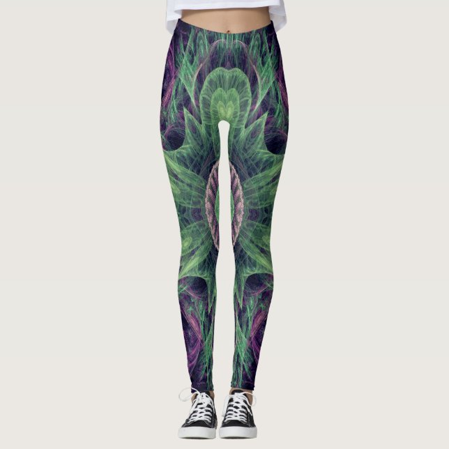 Leggings Resumen moderno Diseño fractal púrpura y verde (Anverso)