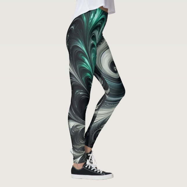 Leggings Resumen Moderno Swirling Green, Silver y Black (Derecha)