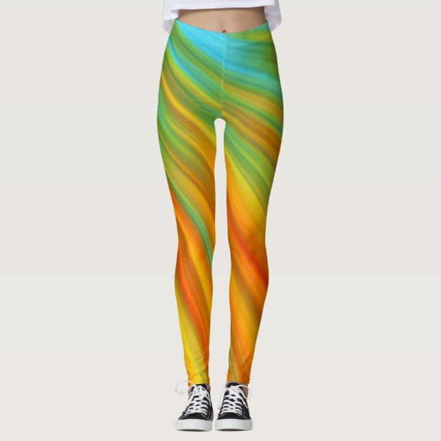 Leggings Resumen naranja amarillo rojo rayas verdes en azul (Anverso)