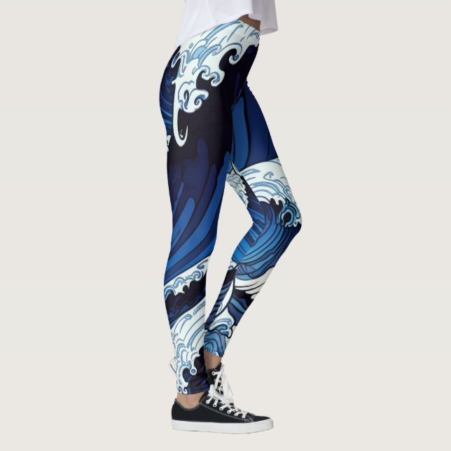 Leggings Resumen Olas del océano azul arte de estilo japoné (Derecha)