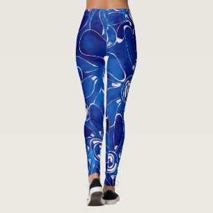 Leggings Resumen Patrón de arte floral Flores blancas azule