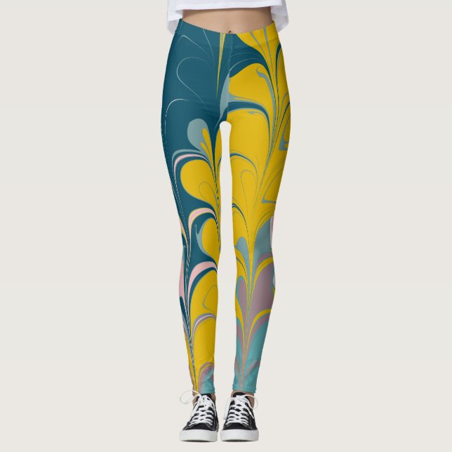 Leggings Resumen Patrón Ebru moderno de mármol Verde azulad (Anverso)