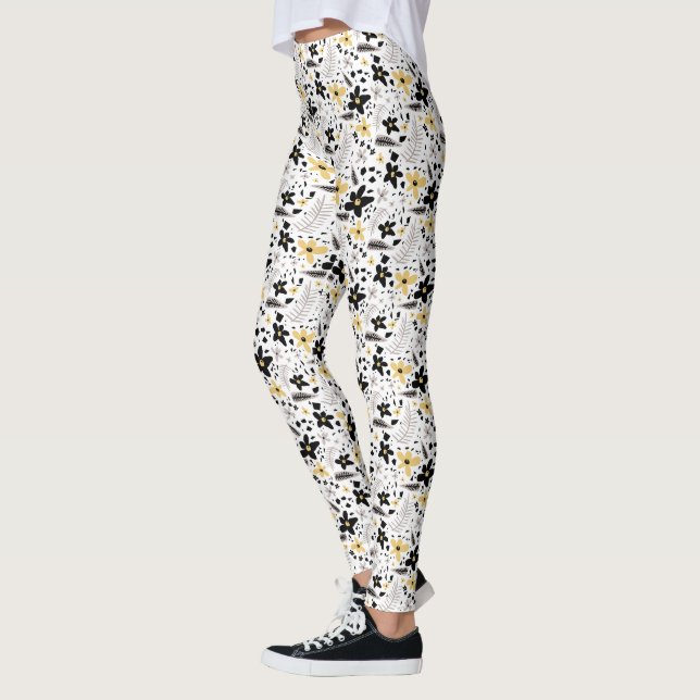 Leggings Resumen Patrón floral gris amarillo negro (Izquierda)