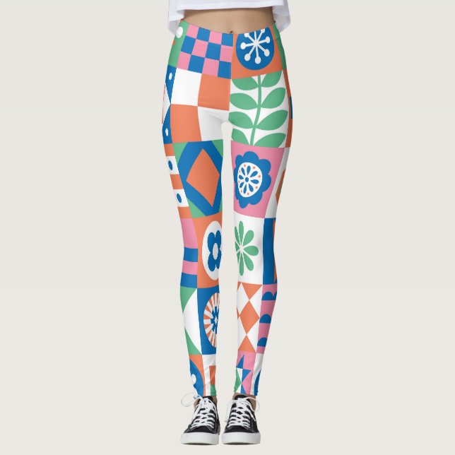 Leggings Resumen Patrón folclórico escandinavo floral (Anverso)