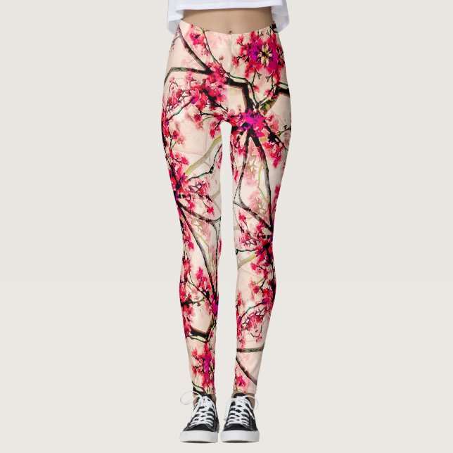 Leggings Resumen Patrón sin soldadura de floración roja (Anverso)