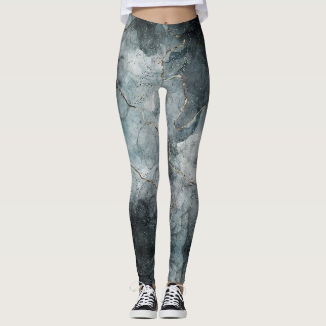 Leggings Resumen Pintura de Marble Foggy Azul Gris Arte mod (Anverso)
