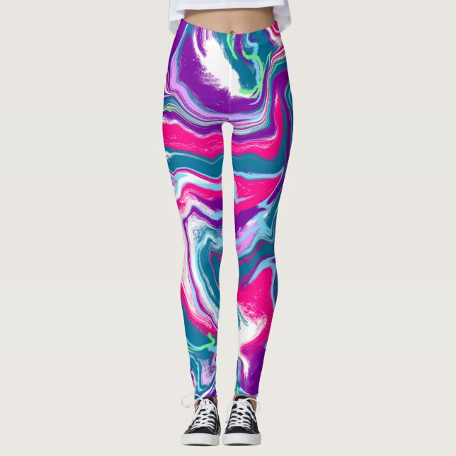Leggings Resumen rosa y azul del arte fluido (Anverso)
