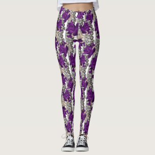 Leggings Resumen rosas morados flores vintage de encaje flo