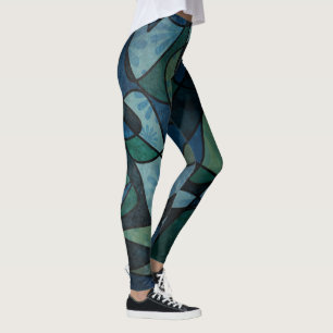 Leggings Resumen único de vidrio manchado digital verde azu