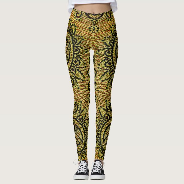 Leggings Resumen Verde, amarillo Patrón Paisley (Anverso)